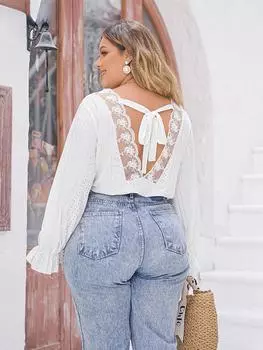 Франция Элегантный V-образный вырез с длинным рукавом Свободные топы Женские винтажные повседневные открытые однотонные топы на шнуровке Женский дизайн Шикарная натуральная одежда с открытыми плечами XL белый