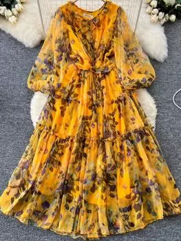 Франция мода старший элегантный цветочный принт платье женщины фонарь рукав талия дизайн платьяss Slim Fit винтажный шикарный стиль новый 2024 M чёрный