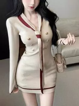 Франция осень сексуальное трикотажное цельное платье женщины V-образный вырез элегантный Y2k тонкие платья женские корейские модные вечерние свитера платье зима S чёрный