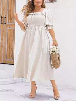 Франция повседневное однотонное платье с квадратным вырезом и рюшами женское летнее элегантное платье с коротким рукавом Свободные платья трапециевидной формы женская модная одежда больших размеров с эластичной резинкой на талии XL абрикосовый