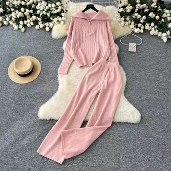 Франция Повседневные эластичные трикотажные комплекты женские топы с лацканами и длинными рукавами, базовые брюки с высокой талией, осенне-зимние элегантные костюмы из двух частей One Size чёрный