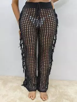 Франция сексуальные свободные лоскутные широкие брюки с кисточками женский дизайн шикарные мешковатые брюки с высокой талией женские винтажные повседневные однотонные брюки на шнуровке XL чёрный