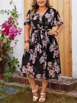 Франция Винтаж V-образным вырезом с принтом платье с короткими рукавами Женщины Элегантный Повседневный Плюс Размер Слово Тонкие платья Женский модный дизайн Свободная одежда 2024 Новый XL чёрный