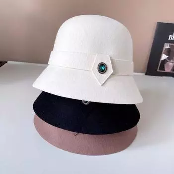 Французская элегантная шляпа-ведро из австралийской шерсти, женская модная шляпа-ведро с драгоценными камнями, теплая фетровая шляпа, винтажная шляпа-тазик 56-58cm чёрный