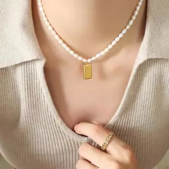 Французская элегантность, темперамент, не увядает, пресноводная жемчужина, цепочка, золотой кирпич, форма слитка, ожерелье, ювелирные изделия