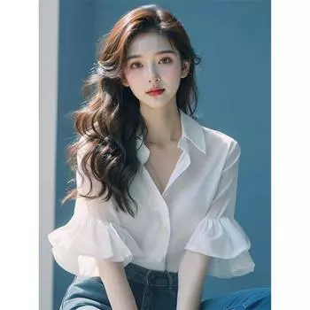 Французская элитная шикарная и красивая верхняя легкая роскошная полубелая рубашка с рюшами на рукавах, женские летние футболки на пуговицах S белый