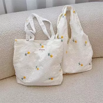 Французская белая кружевная сумка с маленьким цветком, большая вместимость, женская сумка через плечо, пасторальная, переносная сумка для покупок, сумка-тоут