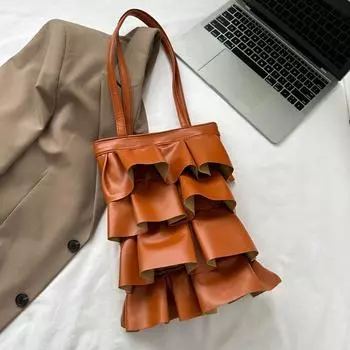 Французская большая плиссированная сумка-ведро с персонализированным оборчатым краем 2024 года, новая милая и модная сумка через плечо для женщин светло-коричневого