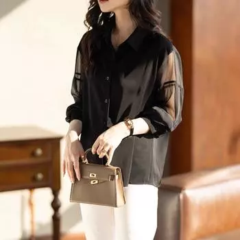 Французская черная шифоновая рубашка с длинными рукавами для женщин. Весна. Новая рубашка высокого класса. Свободный и модный топ. S чёрный