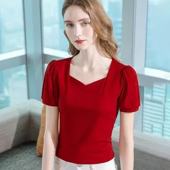 Французская футболка с короткими рукавами для женщин, летняя новая женская однотонная хлопковая футболка с рукавами-фонариками, ретро-топ с квадратным воротником и талией S белый