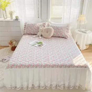 Французская хлопковая кружевная юбка для кровати размера «queen-size», стеганое покрывало, элегантное покрывало с эластичной оборкой, двуспальная кровать с 2 наволочками 120x200cm 47x79inch