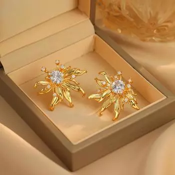 Французская индивидуальность мода ретро преувеличенный циркон металл трехмерные цветы серьги-гвоздики женственность легкие роскошные высококачественные серьги 18K