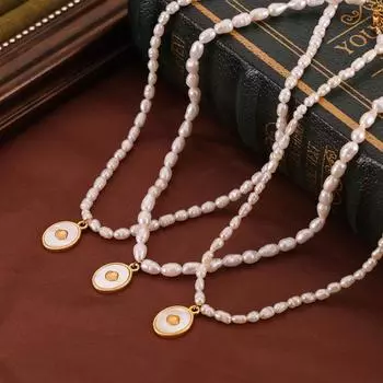 Французская инкрустация белая ракушка титановая сталь кулон женская мода универсальный темперамент натуральный пресноводный жемчуг ожерелье ювелирные изделия