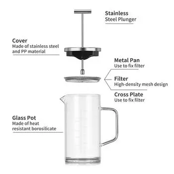 Французская кофеварка на 12 унций с фильтром из нержавеющей стали высокой плотности, термостойким боросиликатным стеклом 12oz