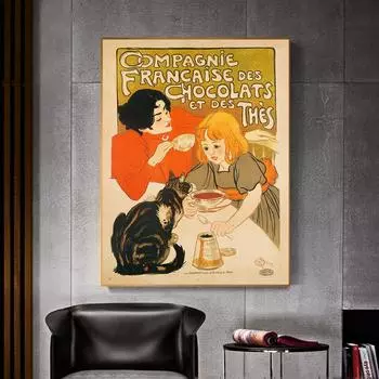 Французская компания шоколада и чая Steinlen, ретро-картина, холст с принтом, семейный постер с котом для гостиной, домашний декор, Cuadros 21x30cm No Framed