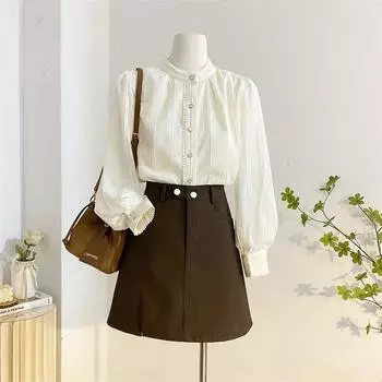 Французская кружевная рубашка с круглым вырезом, верхняя часть, офисная женская элегантная рубашка с длинными рукавами, женская осенняя дизайнерская блузка с чувством моды S бежевый