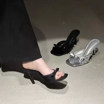 Французская квадратная голова, верхняя одежда, бант, Muller, туфли на высоком каблуке, женские босоножки на тонком каблуке, черные сексуальные полутапочки 35