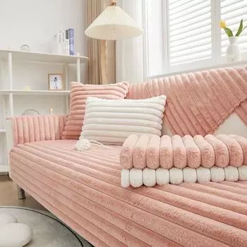 Французская легкая роскошная плюшевая подушка для дивана с кроликом, зимняя утолщенная теплая кремовая ветрозащитная противоскользящая кожаная подушка для дивана, зимний чехол 70x50cm 1pc