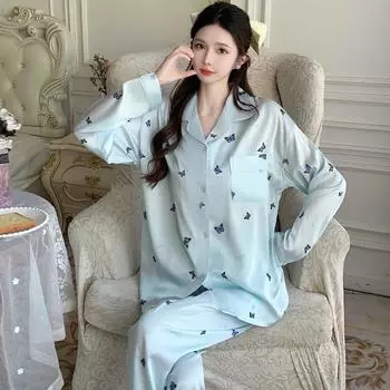 Французская литературная эстетика Дизайн Женская пижама Шикарный цвет Бабочка Синяя домашняя одежда Весна Имитация Шелка Пижама M синий