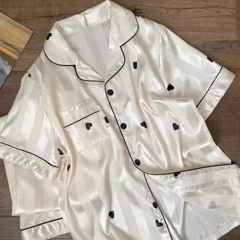 Французская милая элегантная черная женская пижама с принтом в форме сердца, корейская домашняя одежда в полоску Harajuku, новинка лета 2000 года, одежда для сна M бежевый