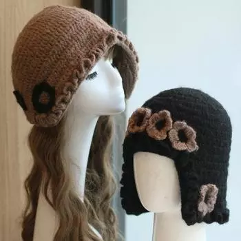 Французская милая цветочная шляпа loli, ретро, осень и зима, мохеровая нить, крючок для рук, протектор для ушей, летающая шляпа для женщин About 55-60cm синий