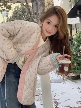 Французская милая хлопковая стеганая куртка, верхняя одежда для женщин, зимняя новая ромбовидная двухсторонняя одежда, свободные теплые пальто средней длины кавайи 2024 S розовый