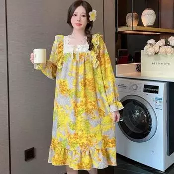 Французская милая ночная рубашка для женщин весна и осень новая пижама из чистого хлопка с длинными рукавами свободного покроя для девочек свободная верхняя домашняя одежда M