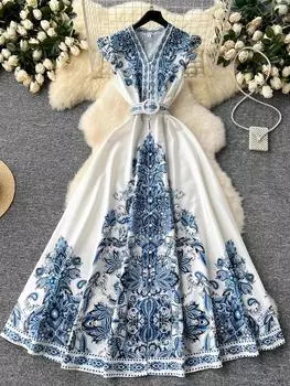 Французская мода богемное винтажное платье женское эстетическое принтовое однобортное с поясом платье новый дизайн ретро длинные платья лето S синий