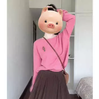 Французская мода ретро круглый вырез розовый с длинными рукавами вязаный свитер женский начало осени новый иностранный стиль шикарный свободный ленивый свитер S recommends 89-49kg