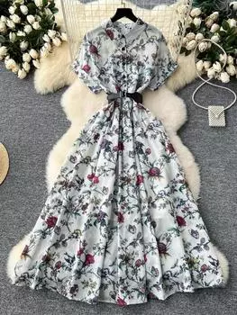 Французская мода винтажное принтованное платье женское эстетичное отложной воротник с высокой талией пояс платья новый дизайн элегантная макси одежда 2024 M бежевый