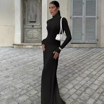 Французская мода женское осеннее облегающее темпераментное однотонное платье с высоким воротом и длинными рукавами, длинное платье с сумкой и бедрами S белый