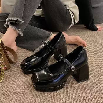 Французская модная женская обувь на высоком каблуке с квадратным носком, ранняя весна 2023, одиночные туфли на платформе с прорезями и ремешком на пуговицах, толстый каблук, неглубокий вырез 34 чёрный
