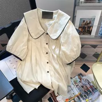 Французская нежная рубашка с пышными рукавами, милая и универсальная женская блузка с воротником Питера Пэна с короткими рукавами, летние свободные блузки M
