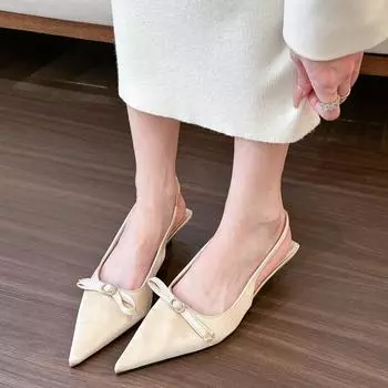 Французская нежность! Абрикосовый заостренный задник пустой рот тонкий каблук котенок и бант сандалии женские 35 розовый