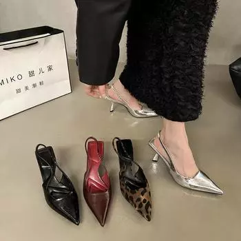 Французская ниша высокого класса серебряные босоножки-мешки женские туфли весна-лето 2024 темпераментные светские туфли на высоком каблуке 35 цветной печати леопарда