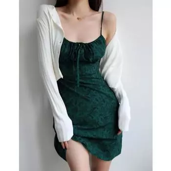 Французская облегающая юбка-бретелька в стиле ретро с цветочным принтом и короткой юбкой под сексуальным платьем с завязками на талии и грудью S