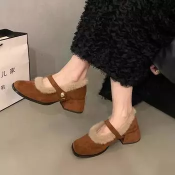 Французская обувь Xiaoxiangfeng Mao Mao 2024 года, новая верхняя одежда на осень и зиму, корейская версия, леопардовый принт, толстый каблук, бархатные туфли Мэри Джейн для женщин 35 чёрный