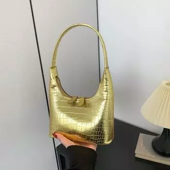 Французская персонализированная вместительная сумка с крокодиловым узором, персонализированная глянцевая сумка под мышкой 2024 года, новая модная фактурная сумка через плечо чёрный
