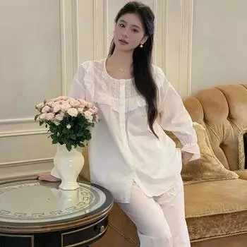 Французская пижама, новая осенняя одежда, высококачественные женские брюки с круглым вырезом и длинными рукавами, домашняя одежда, костюм, верхняя одежда S белый