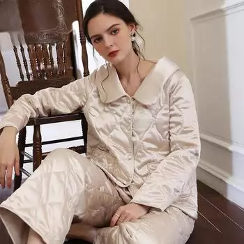 Французская пижама женская осенне-зимняя с длинным рукавом костюм однотонный теплый трехслойный стеганый кардиган молодежная верхняя одежда домашняя одежда S