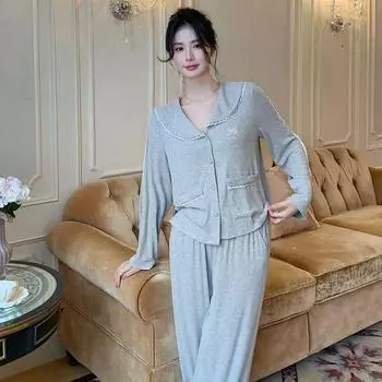 Французская пижама женская осенняя новая хлопковая простая чистая стилистика с длинным рукавом домашний костюм из двух частей S