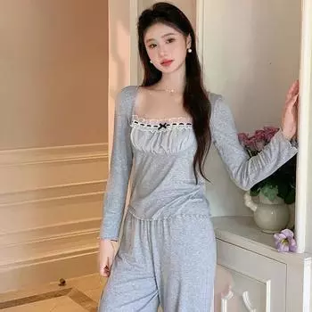 Французская пижама женская осенняя новая трикотажная хлопковая с длинными рукавами брюки высококачественный домашний костюм Sense S