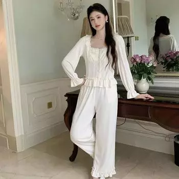 Французская пижама, женские брюки с длинным рукавом, милый костюм в стиле принцессы из хлопка, осенняя пижама, домашняя одежда, верхняя одежда S белый