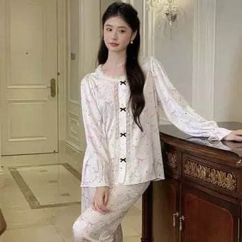 Французская пижама, женские брюки с длинными рукавами, милый круглый вырез, стиль принцессы, костюм из ледяного шелка, пижама с принтом, домашняя одежда, верхняя одежда S белый
