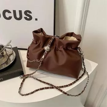 Французская плиссированная сумка-ведро с иностранным газом, женская, весна 2024, новая модная, простая, цепная, сумка через плечо чёрный