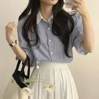 Французская полосатая рубашка женская свободная конструкция Sense Whisker Edge Design Niche Блузка с короткими рукавами Tide Vintage Basic Office Casual Женская рубашка S