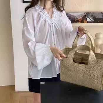 Французская Премиум Плиссированная Рубашка с V-образным Вырезом Женская S белый