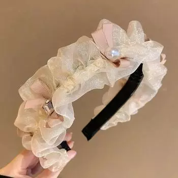 Французская принцесса Повязка для волос Женщины Кружево Стразы Жемчуг Ободок Фея Темперамент Обруч Повязка для волос Девушки Аксессуар для волос Ювелирные изделия
