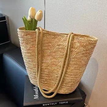 Французская простая ретро-сумка для отпуска через плечо из соломы, большая вместимость, универсальная повседневная пляжная сумка-ведро