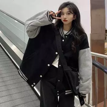 Французская ретро-куртка контрастного цвета для студенток, ленивая весна и осень, новая свободная повседневная бейсбольная форма куртка верхняя часть M чёрный